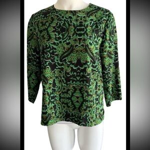 H&M Green and black Print Blouse 3/4 sleeve top Back zipper Size 10